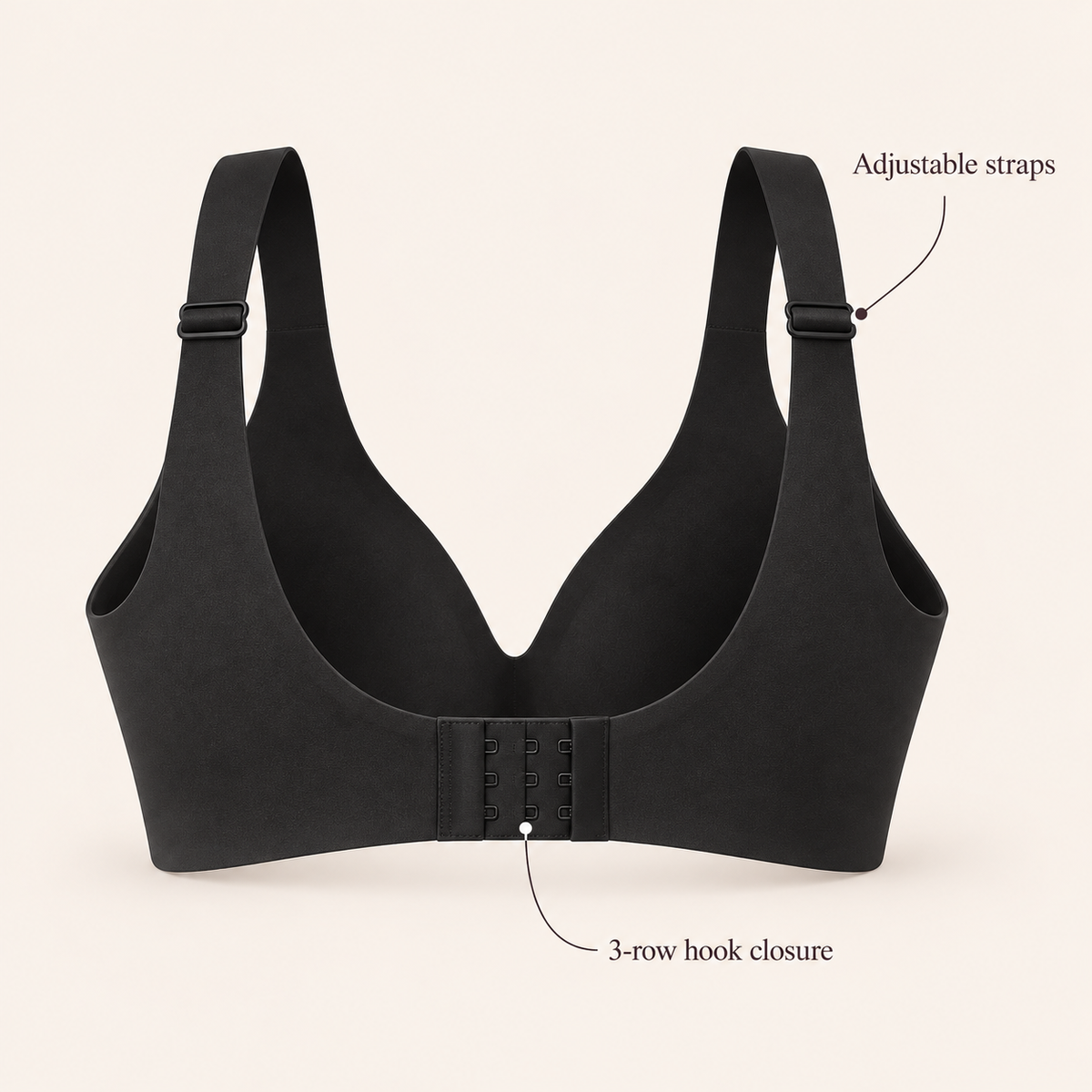 Suavine Second Skin Support Bra — back view with adjustable straps and 3-row hook closure