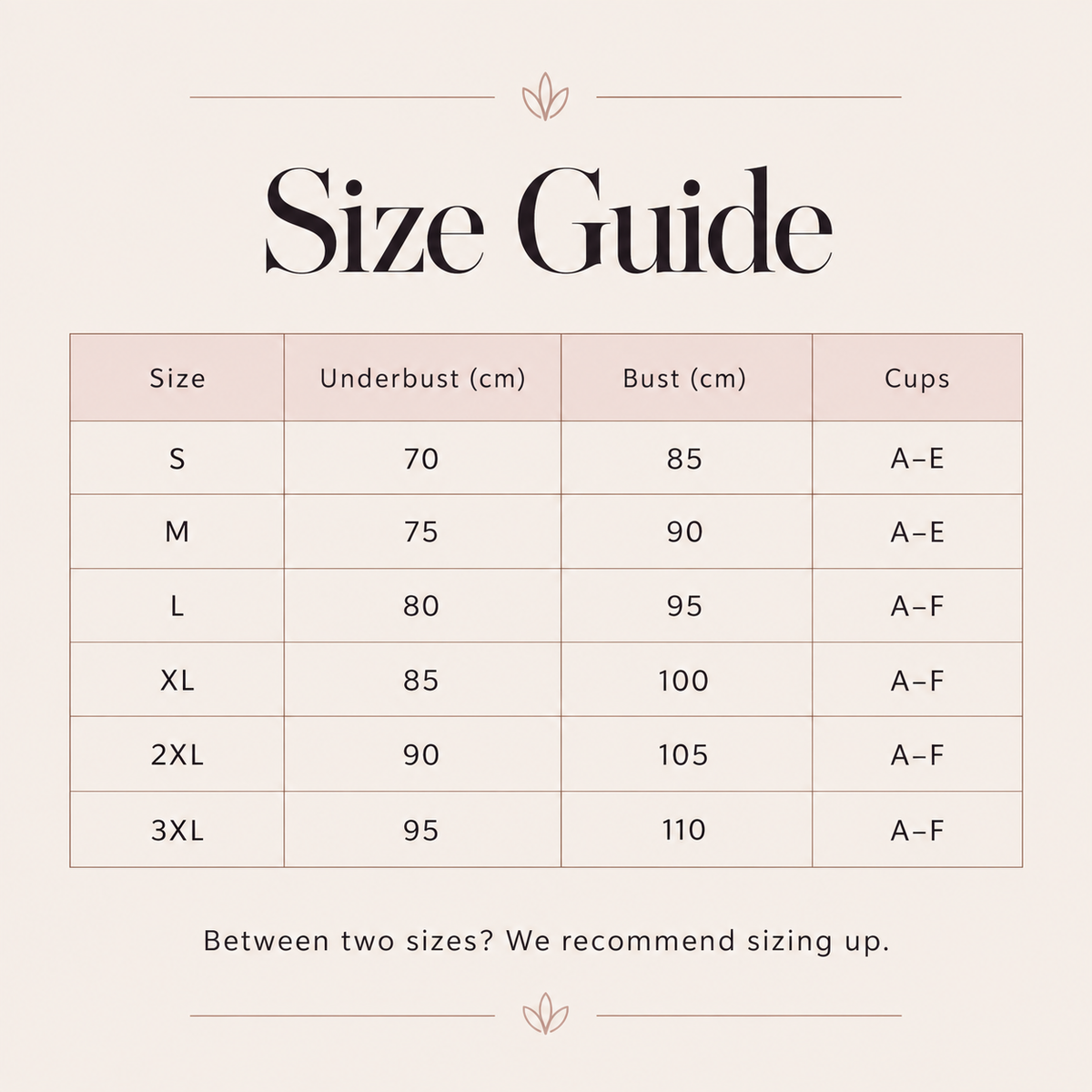Suavine Second Skin Support Bra — Size Guide