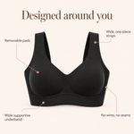 Suavine Comfort Bra features: removable pads, wide one-piece straps, wide underband, no wires