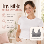 Suavine Comfort Bra invisible under a fitted white T-shirt