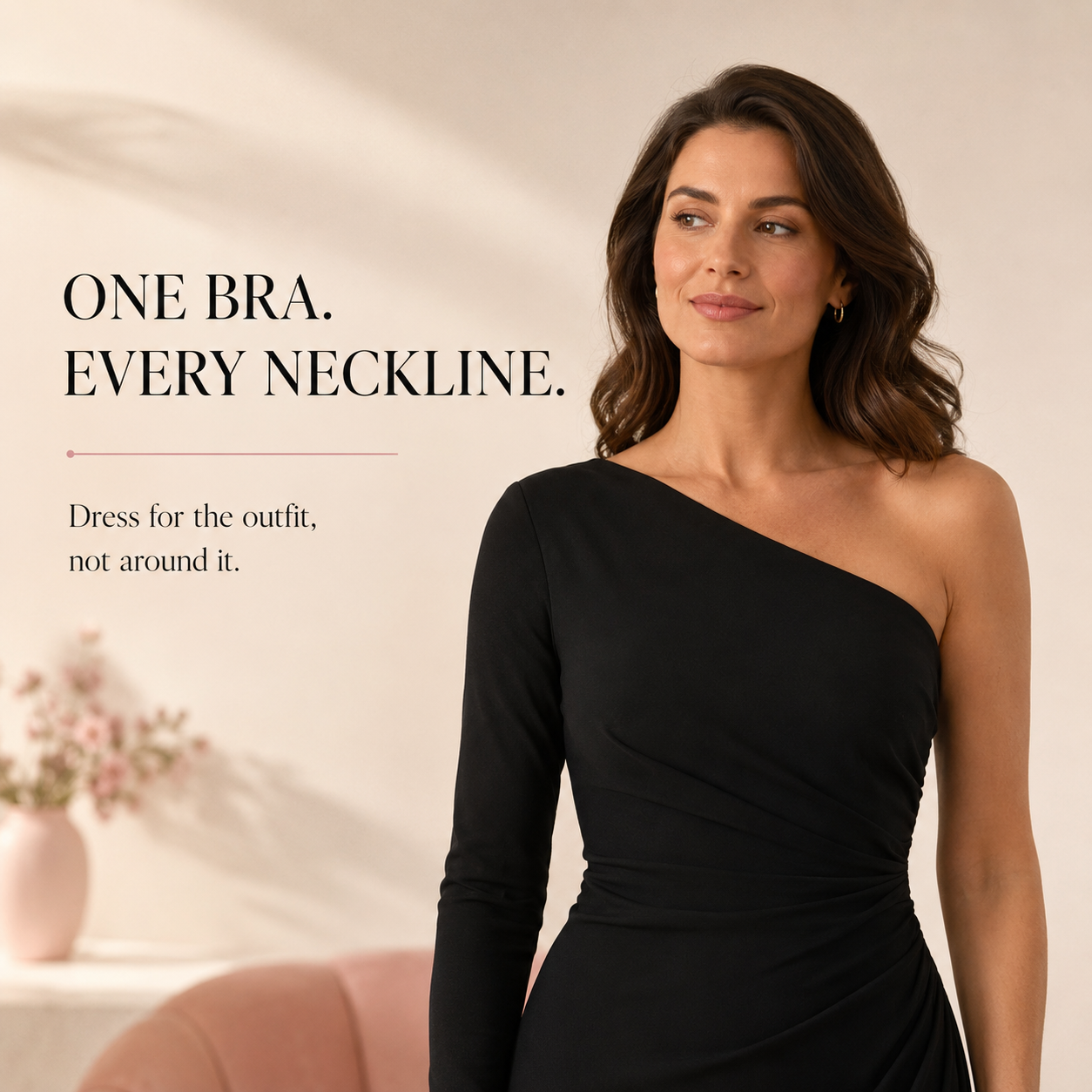 Woman in one-shoulder dress with Suavine convertible bra message