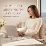 Woman working at a desk with Suavine all-day comfort message