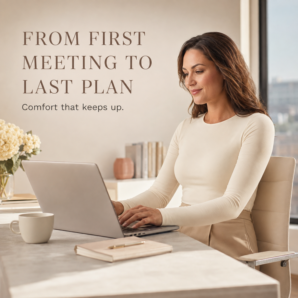 Woman working at a desk with Suavine all-day comfort message