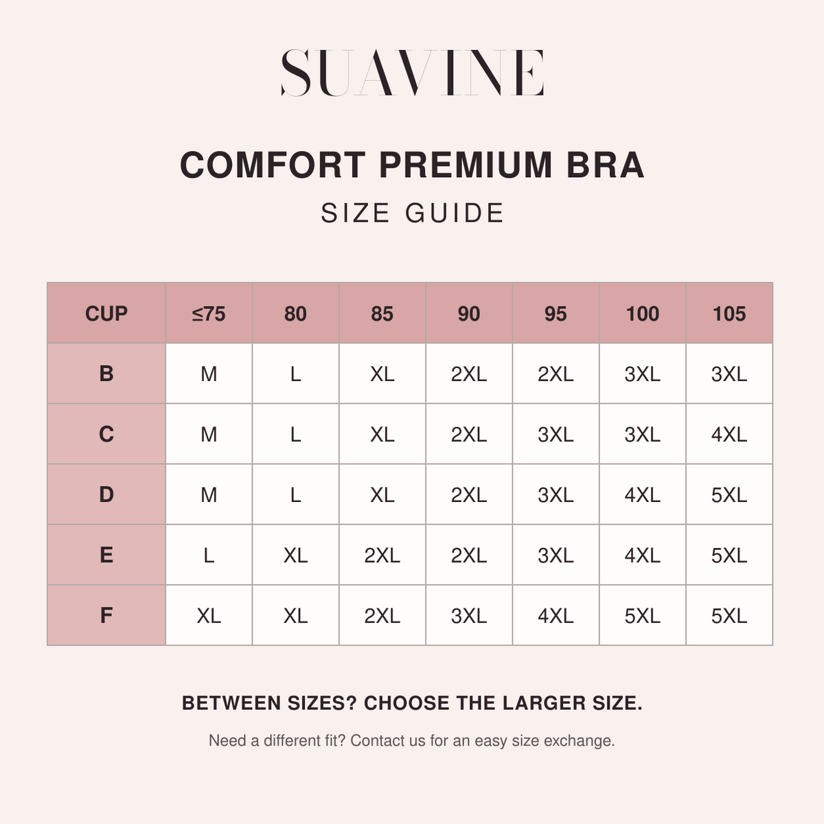 Suavine Comfort Premium Bra size guide from M to 5XL