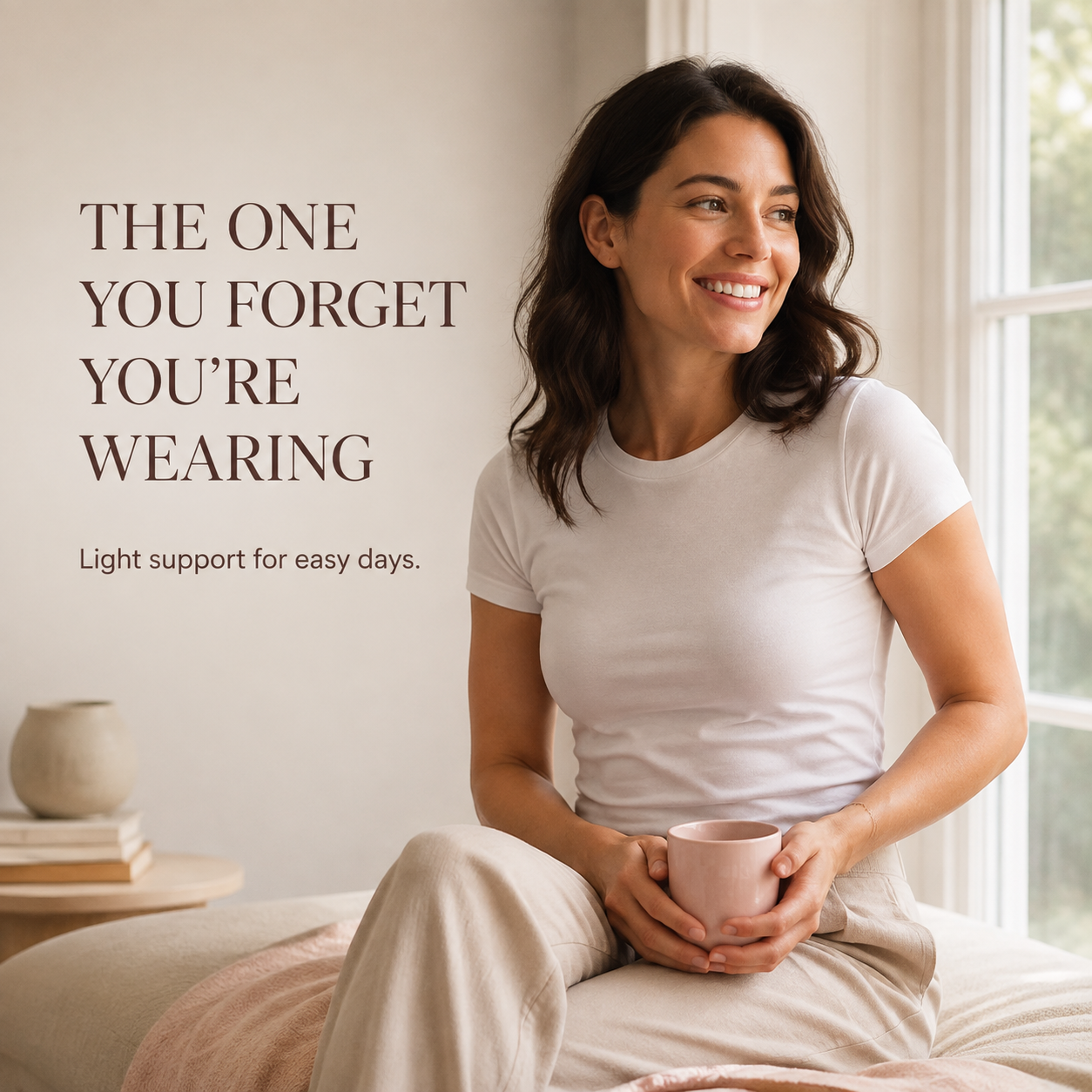 Woman relaxing in a white T-shirt with Suavine Essence comfort message