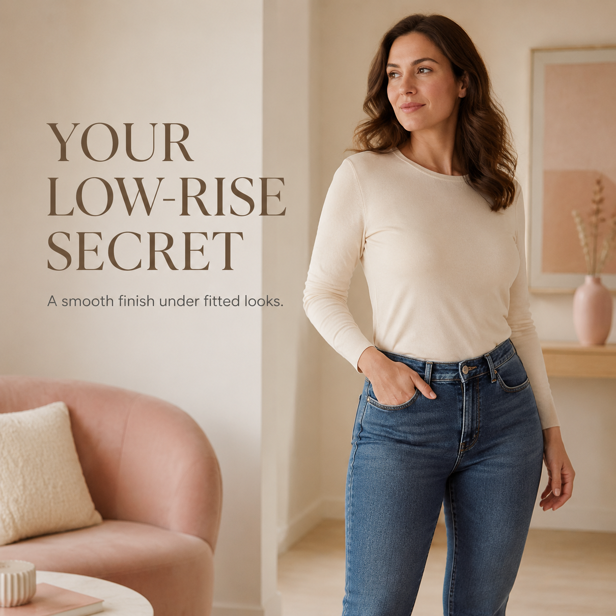 Woman in jeans with Suavine V-Shape low-rise message